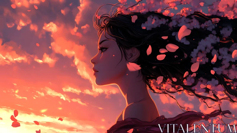 Sunset blossoms drift through a serene anime profile dream.
