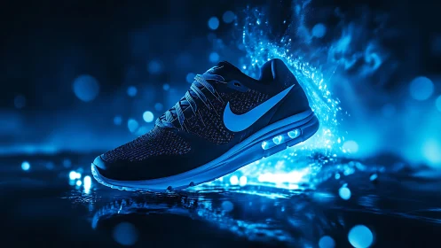 Neon-charged running shoe ignites a futuristic blue storm.