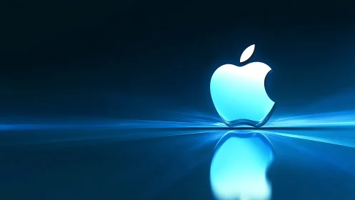 Luminous blue apple emblem rendered as reflective 3D icon