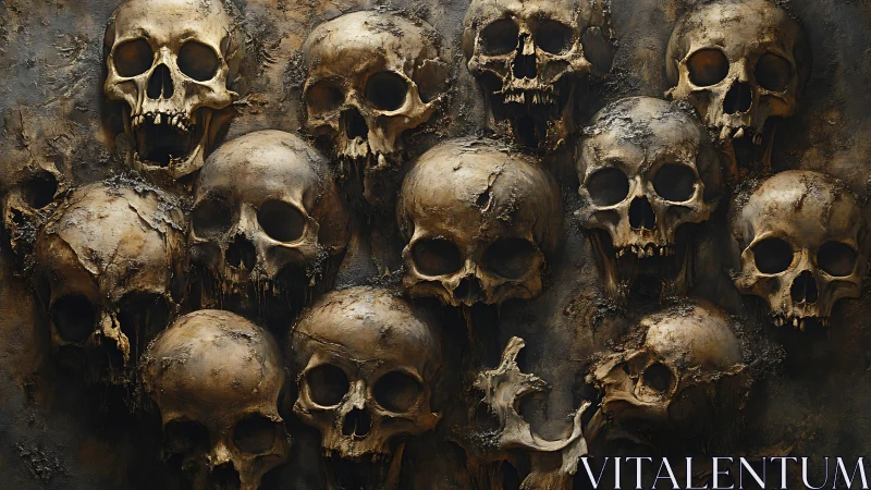 Haunting wall of weathered skulls in moody dim light.