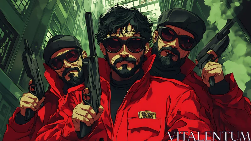 Armed trio in red coats dominate urban alleyway scene.
