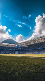 Panoramic football stadium under cumulus sky with match in play