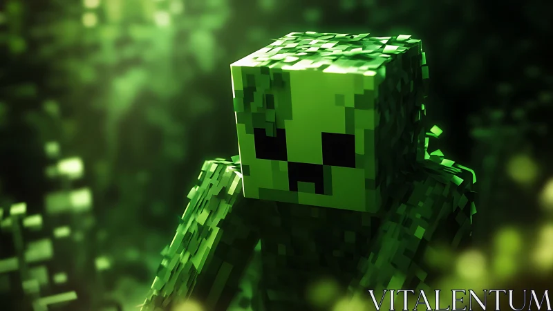 Green pixelated monster character in glowing forest scene.