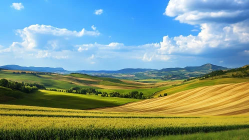 Golden hills roll like waves beneath a wide summer sky