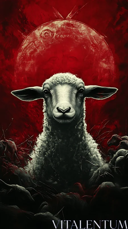 Lone lamb stands beneath blood-red moon in dark symbolism.