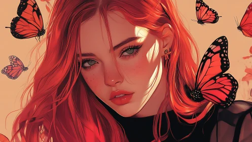 Radiant red haired girl meets gentle monarch butterflies softly