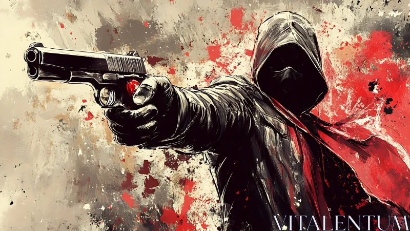 Hooded gunman extends pistol amid violent red splashes.