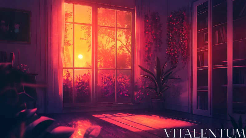 Sunset-soaked reading room wrapped in gentle glowing calm.