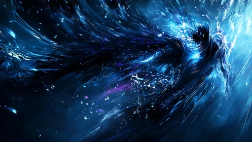 Cosmic blue energy being shattering into fluid light forms.