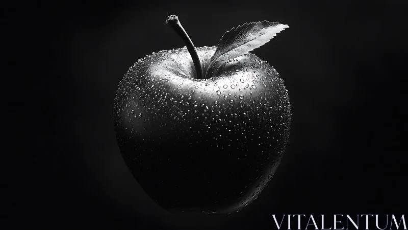 Monochrome macro apple with dew droplets under directional rim light