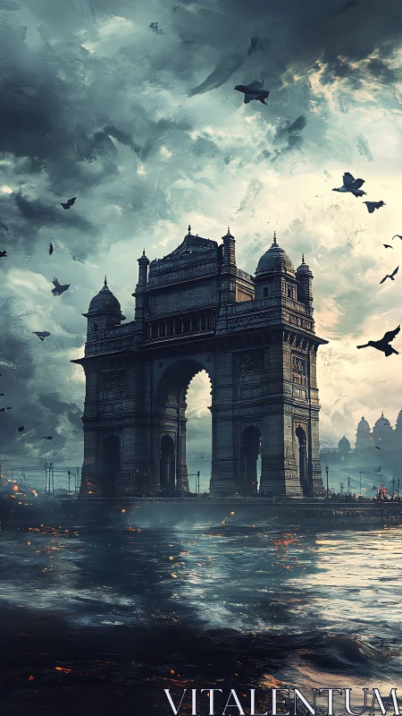 Stormlit stone gateway rising over restless shimmering waters.