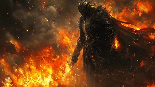 Armored dark figure in flames holding a burning sword.