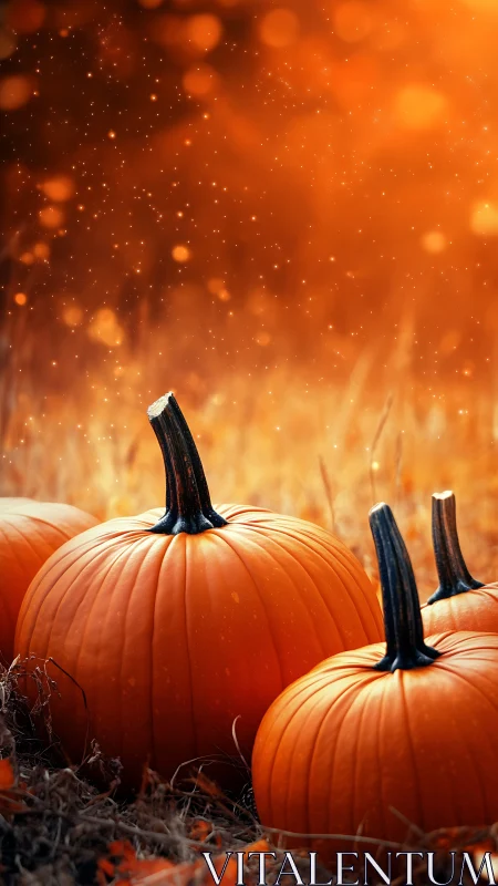 Pumpkins in warm autumn field with glowing orange bokeh.