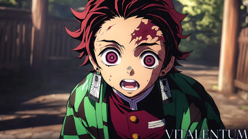 Shocked anime swordsman with scarred face in sunlit path.