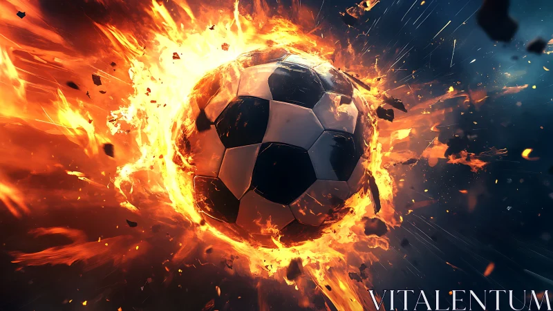 Blazing soccer ball racing through fire with unstoppable energy.