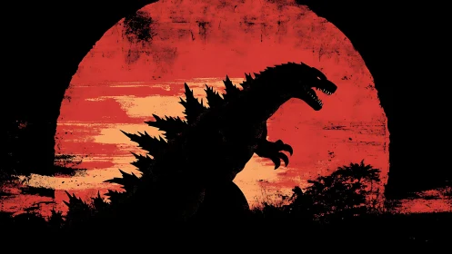 Silhouetted kaiju roars before a distressed crimson sun.