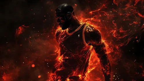 Silhouetted basketball player engulfed in dynamic fiery motion