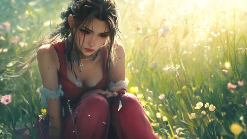 Young woman seated in sunlit meadow with wildflowers.