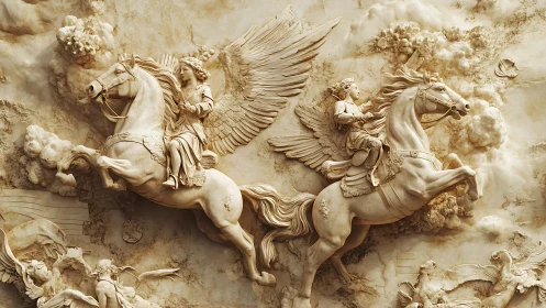 Winged riders in a swirling celestial stone dreamscape.