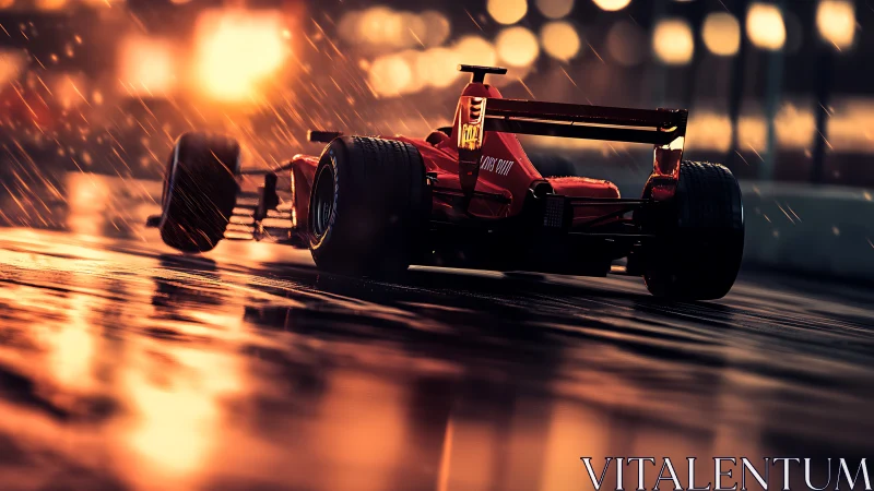 Rain-slicked circuit lets a scarlet racer carve liquid fire