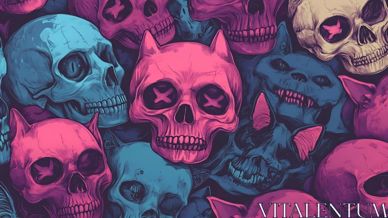 Neon feline skull cluster renders stylized macabre anatomy