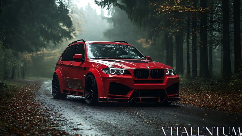 Bold red SUV stands confidently on a misty forest road