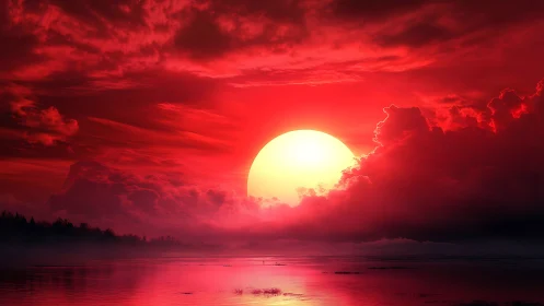 Crimson thunderclouds cradle a colossal molten sunset sphere