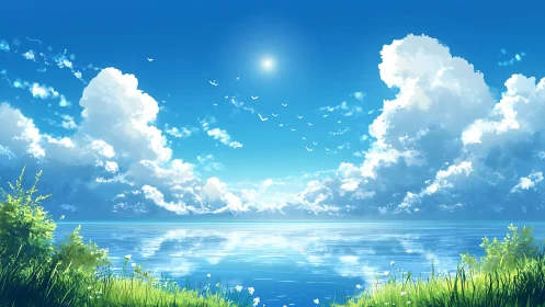 Serene coastal horizon under towering summer clouds at noon.