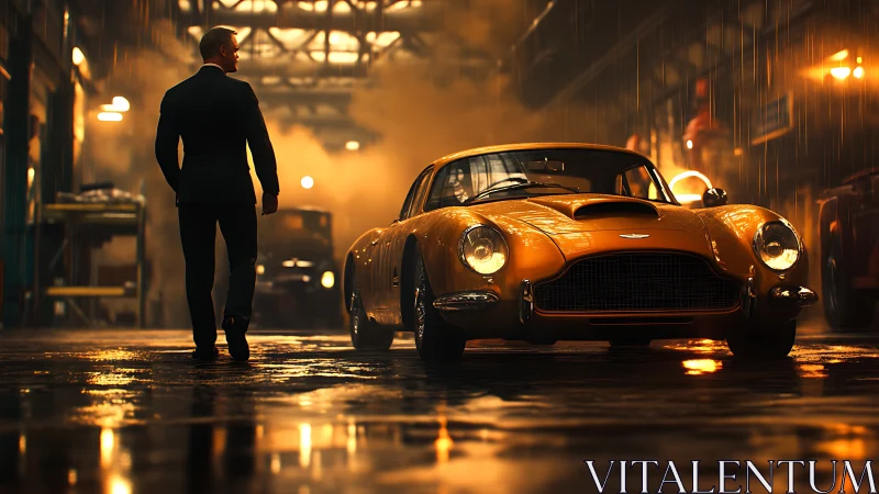 Elegant man approaches vintage sports car in rainy neon haze