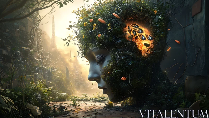 Large vegetated head sculpture with glowing interior cavity.