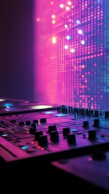 DJ mixer console glows under neon bokeh LED matrix wall