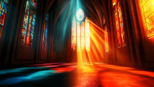 Sunlit cathedral nave glows with vibrant stained glass light