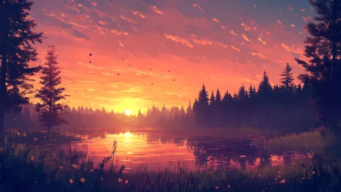 Golden forest sunset settles gently over a quiet lakeshore