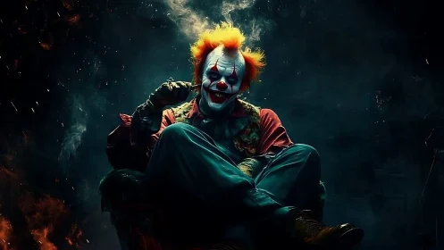 Sinister carnival jester lounging in smoke and embers.