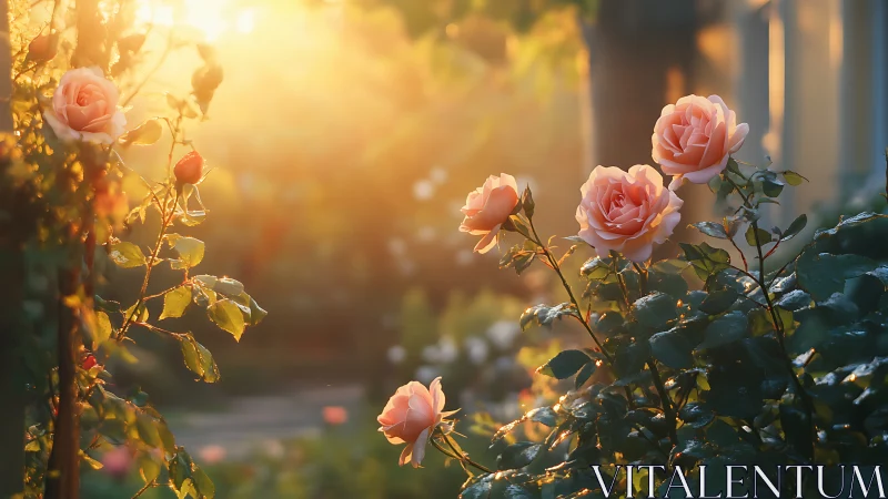 Golden Hour Garden Roses Bathed in Warm Sunlight.