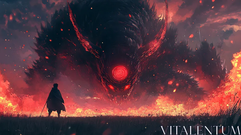 Lone warrior confronting colossal infernal demon in firestorm.