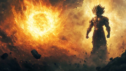 Fire crowned warrior commands cosmic inferno storm.