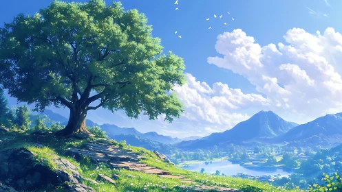 Sunlit hillside tree watching over quiet blue mountains.