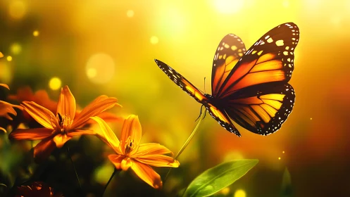 Sunlit butterfly resting gently among glowing flowers.