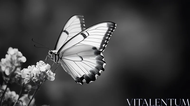 Monochrome close view of butterfly on flowering plant.