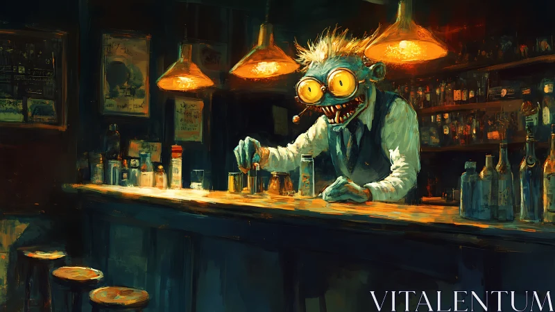 Grotesque neon-eyed bartender mixing drinks in moody bar