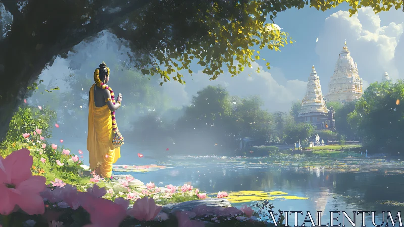 Backlit robed figure surveys misty river temple complex at dawn