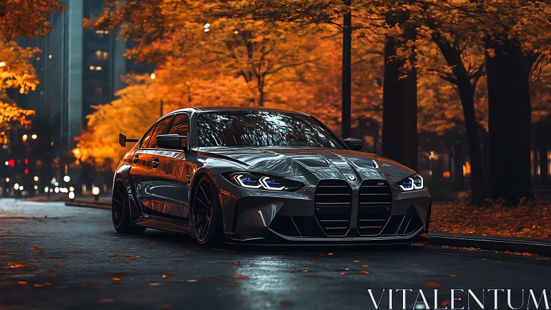 Modified sports sedan is parked on wet city street at dusk