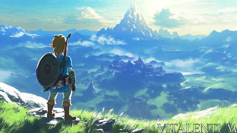 Heroic figure surveys expansive cel-shaded fantasy valley.