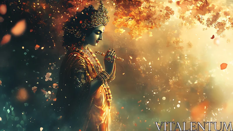 Ornate divine musician in golden autumnal forest light