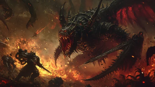 Armored hell-dragon engages power-armored warrior amid inferno.