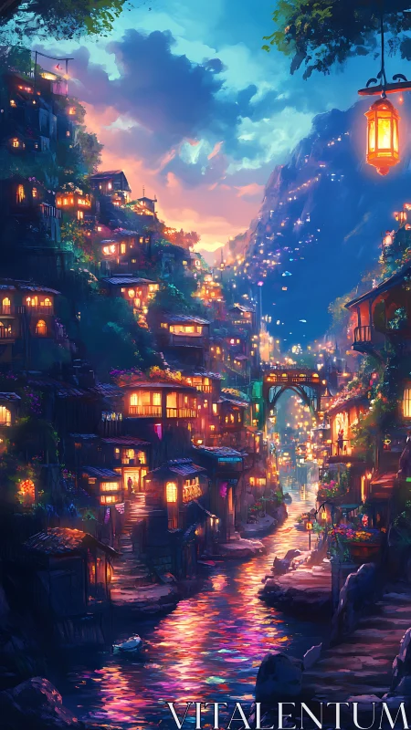 Twilight river cityscape with glowing lantern-lit terraces.