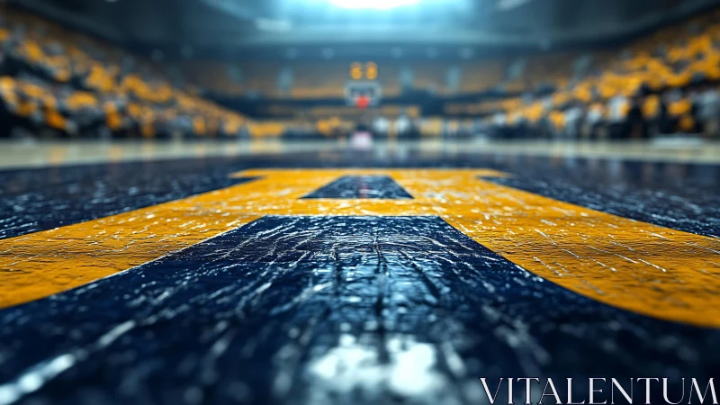 Photorealistic low-angle arena court lettering with bokeh depth.