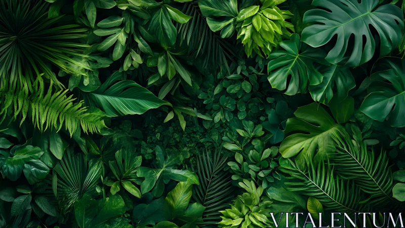 Tropical foliage canopy, dense overlapping leaves, deep greens