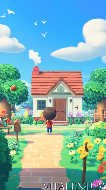 Cottage Landscape with Character and Blooming Garden: Digital Illustration.